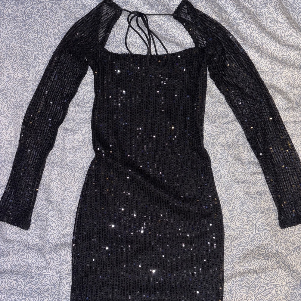 Black Square Neck Mini Sequin Dress